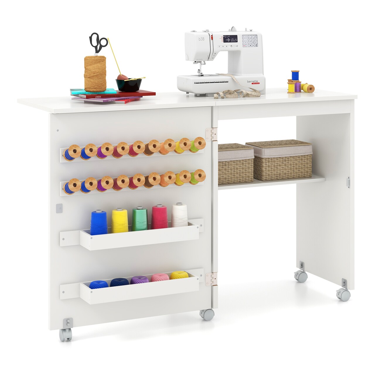 Space-Saving Folding Sewing Table Rolling Craft Station with Storage Pegs and Compartments